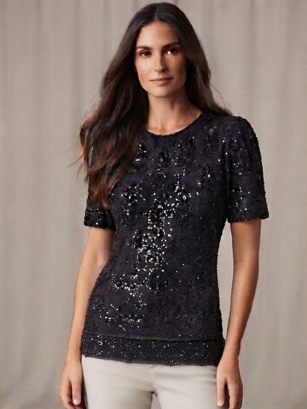Vintage Beaded Top Laurence Kazar Evening Blouse Womens M Black